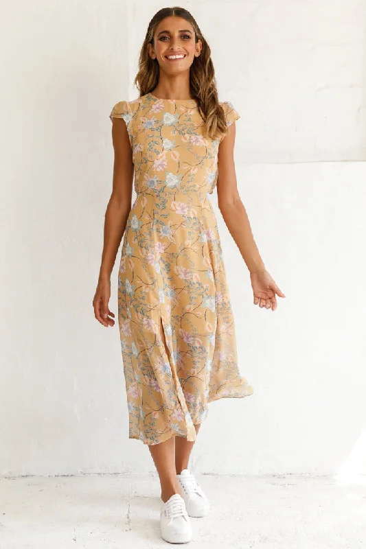 Becky Cap Sleeve Crew Neck Midi Dress Floral Print Mustard