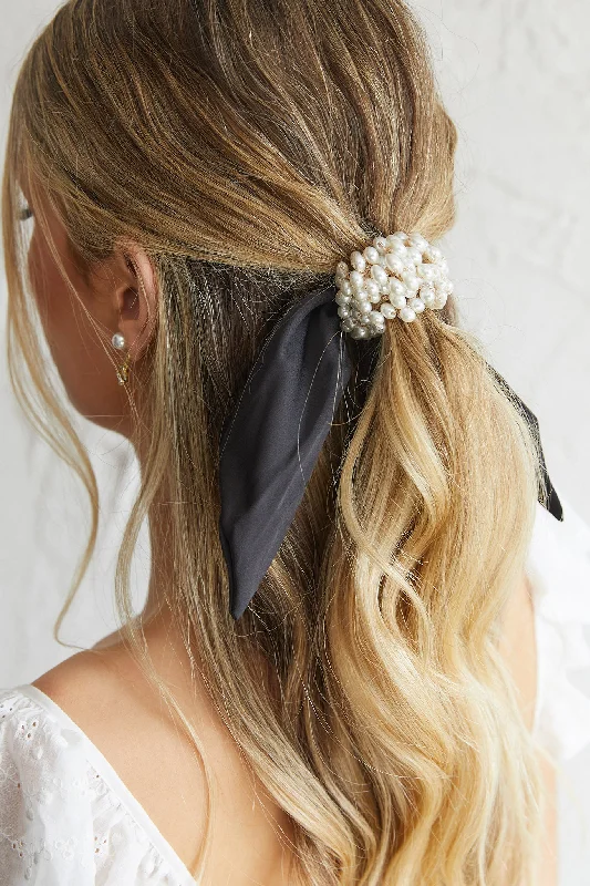 Carina Pearl & Satin Bow Hair Tie Black