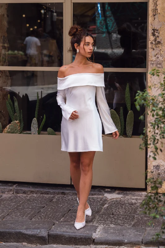 Celia White Off Shoulder Satin Mini Dress