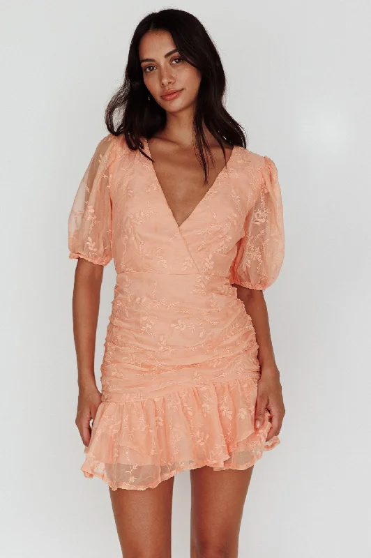 Cherry Blossom Puff Sleeve Wide Ruffle Hem Dress Orange