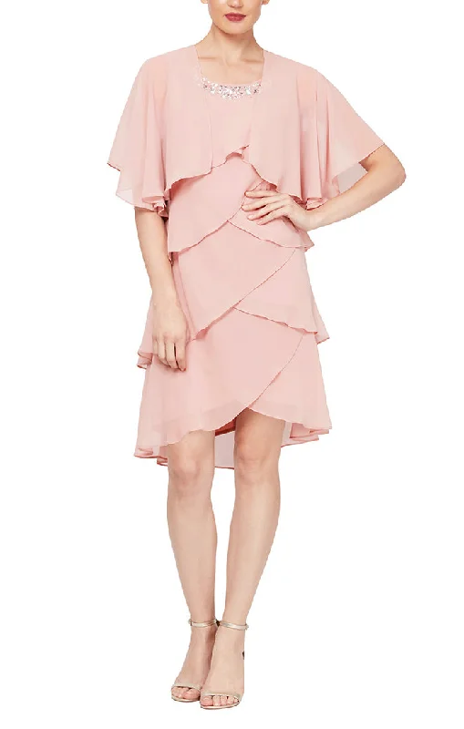 Tiered Chiffon Jacket Dress with Beaded Neck Detail