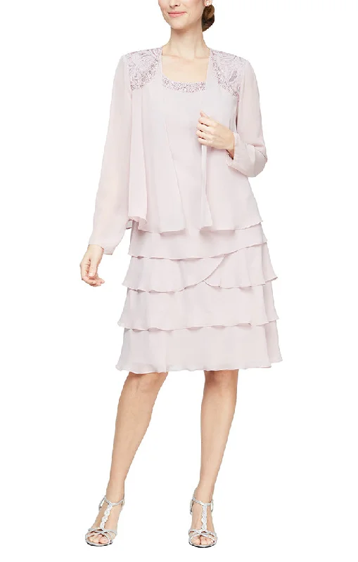 Chiffon Tiered Jacket Dress with Beaded Shoulder Detail