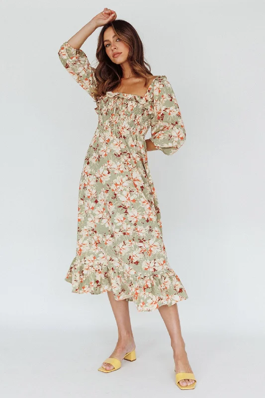 Flynn Balloon Sleeve Shirred Midi Dress Floral Green