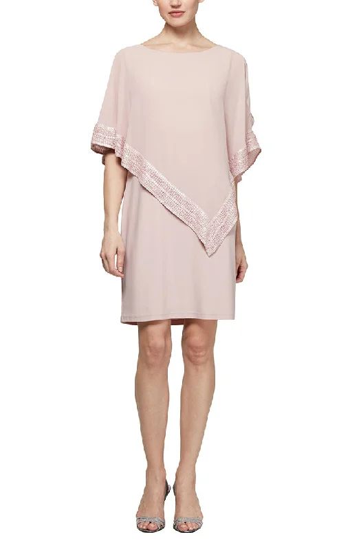 Foil Trim Asymmetrical Chiffon & Jersey Popover Cape Dress