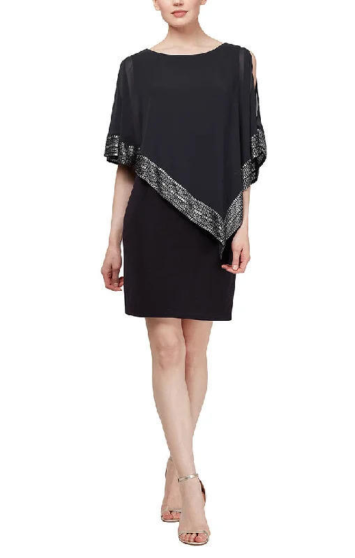 Foil Trim Asymmetrical Chiffon & Jersey Popover Cape Dress