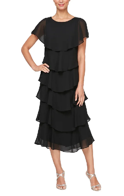 Georgette Chiffon Tea-Length Dress with Caplet Sleeves and Beaded Trim on Shoulders