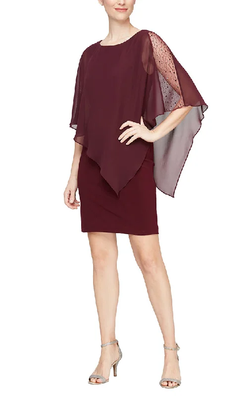 Jersey Sheath Dress with Asymmetric Chiffon Capelet with Embellished Illusion Panel