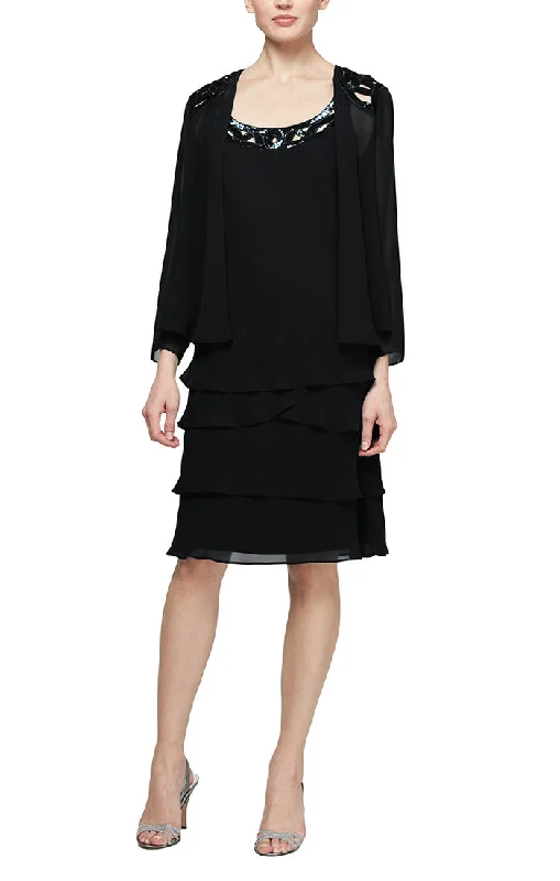 3/4 Sleeve Chiffon Jacket Dress with Tiered Skirt and Beaded Neckline Detail