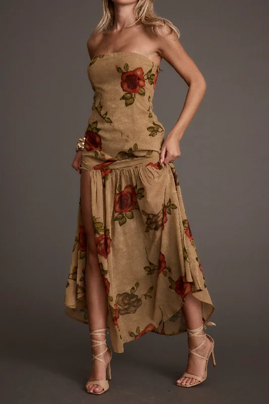 LaBelle Tan Floral Drop Waist Maxi Dress