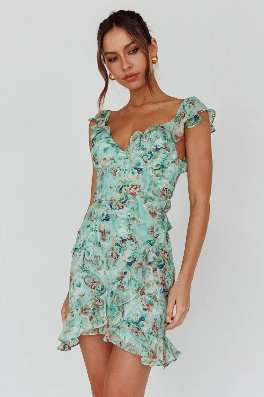 Make Memories Frill Strap Mini Dress Floral Mint