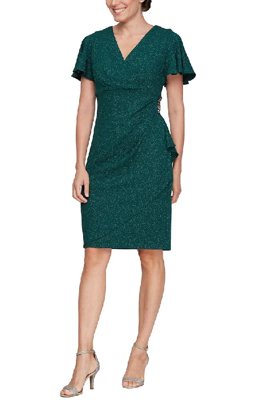 Metallic Knit Sheath Dress with Short Flutter Sleeves