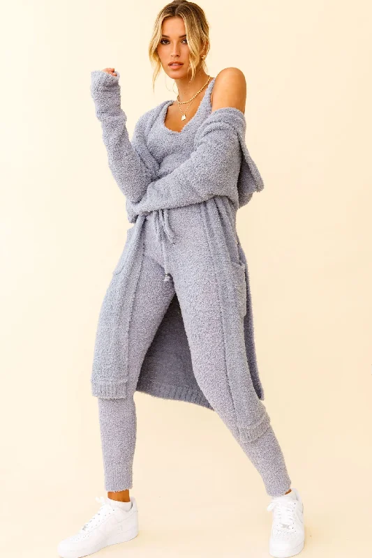 My Girl Fuzzy Knit Longline Pocket Cardigan Steel Blue