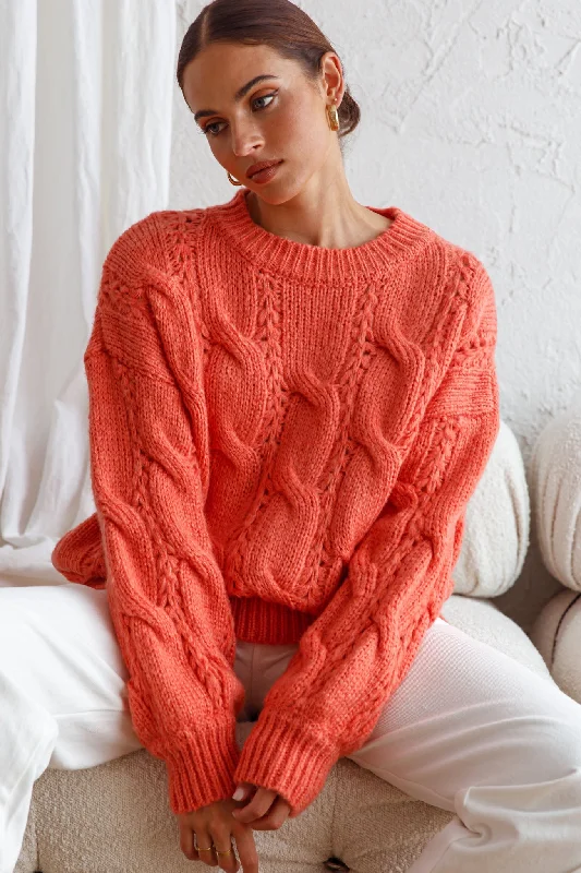 Nicola Long Sleeve Chunky Cable Knit Sweater Peach