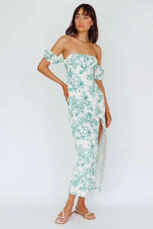 Olivier Off-Shoulder Midi Dress Floral Green