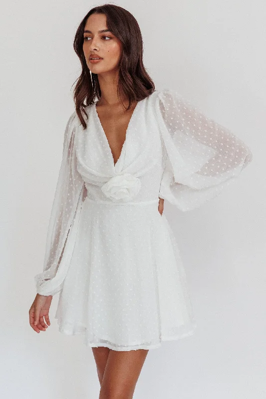 Open Heart Long Sleeve Rosette Mini Dress White