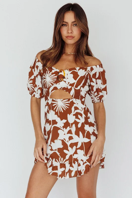 Palm Beach Puff Sleeve Dress Printed Tan