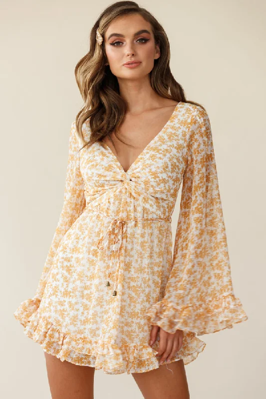 Perri Bell Sleeve Twist Knot Bust Dress Floral Print Yellow