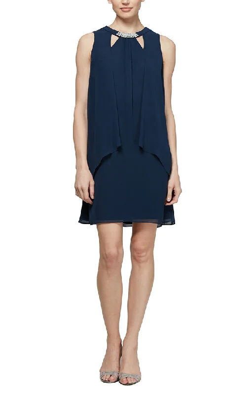 Short Chiffon Cocktail Dress with Cutout Neckline and Pearl Trim Detail