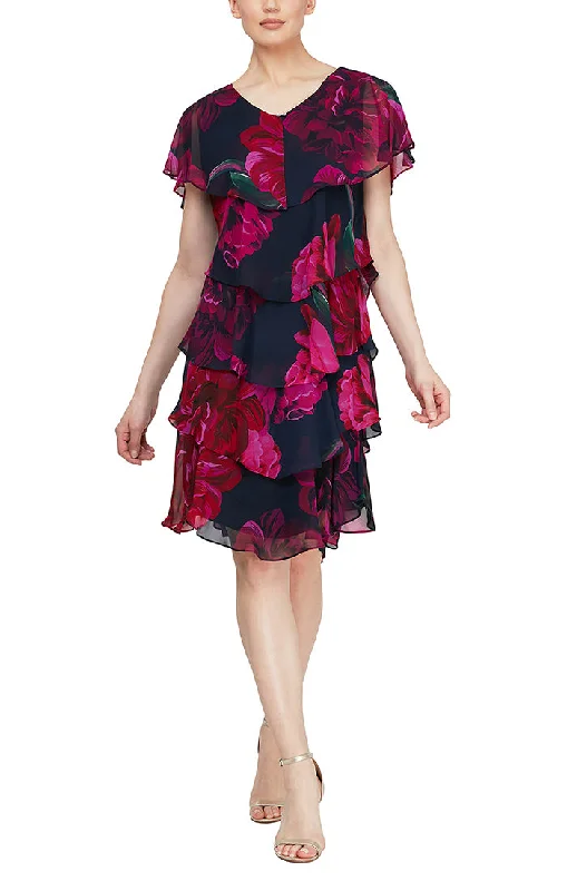 Short Sleeve Floral Printed Chiffon Tiered Dress with Rhinestone Detail at Neckline