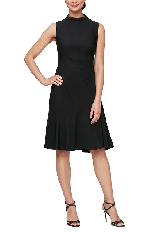 Short Sleeveless Dress with Mock Neckline & Asymmetric Seam Flounce Hem