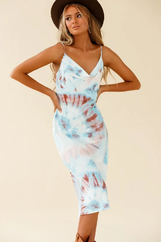 Show Me Love Cowl Neck Midi Dress Tie-Dye Blue Multi