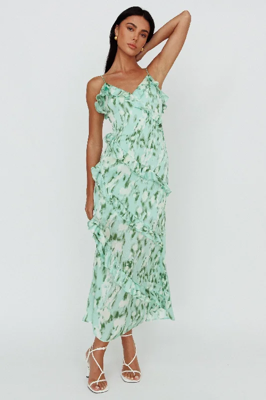 Silvana Frill Trim Midi Dress Print Green