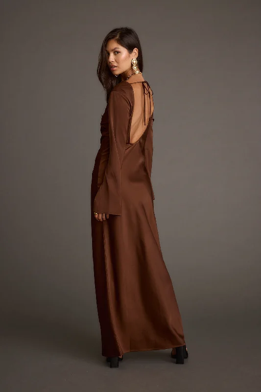 Strokes Mocha Long Sleeve Plunge Satin Maxi Dress