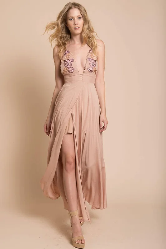 Summer Wedding Embroidered Floral Maxi Dress Mocha