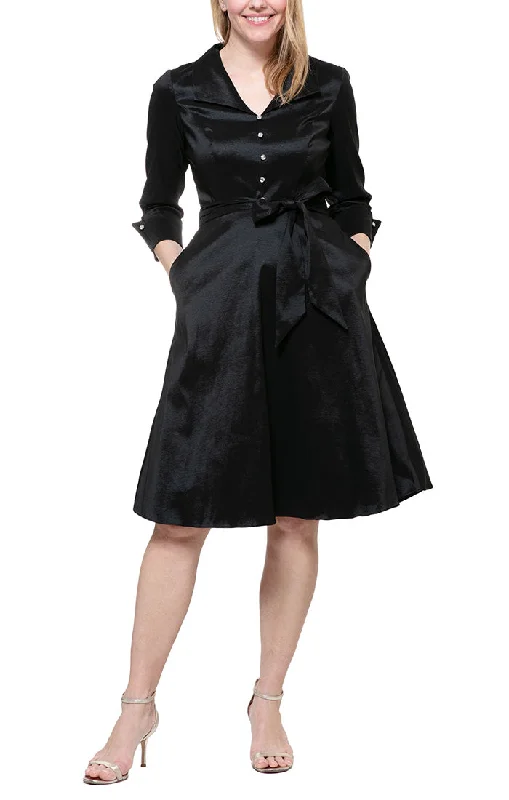 Tea Length A-Line Taffeta Dress with Button Detail and Tie Belt