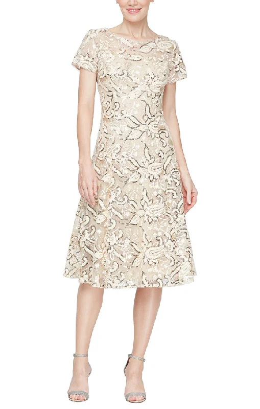 Tea Length Embroidered A-Line Dress With Illusion Neckline, Cap Sleeves and Sequin Detail