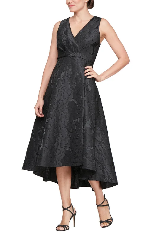 Tea-Length Sleeveless Jacquard Surplice Neckline High/Low Dress