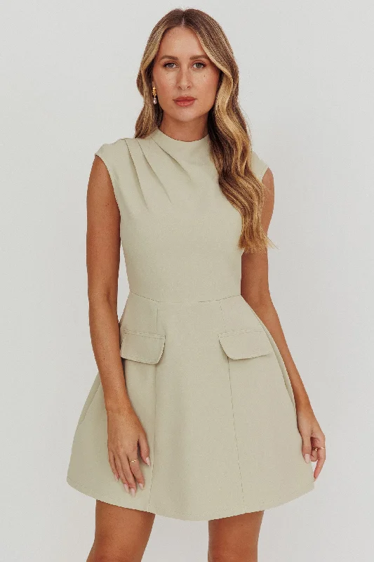 Thandi Pleat Shoulder Faux Pocket Mini Dress Sage