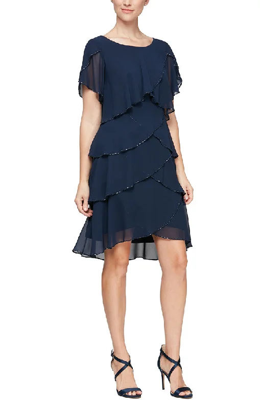 Tiered Chiffon Cocktail Dress with Bugle Beaded Trim and Flutter Sleeves