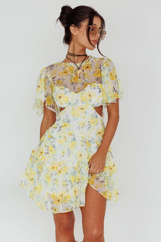 Tres Chic Flutter Sleeve Cut-Out Dress Floral Yellow