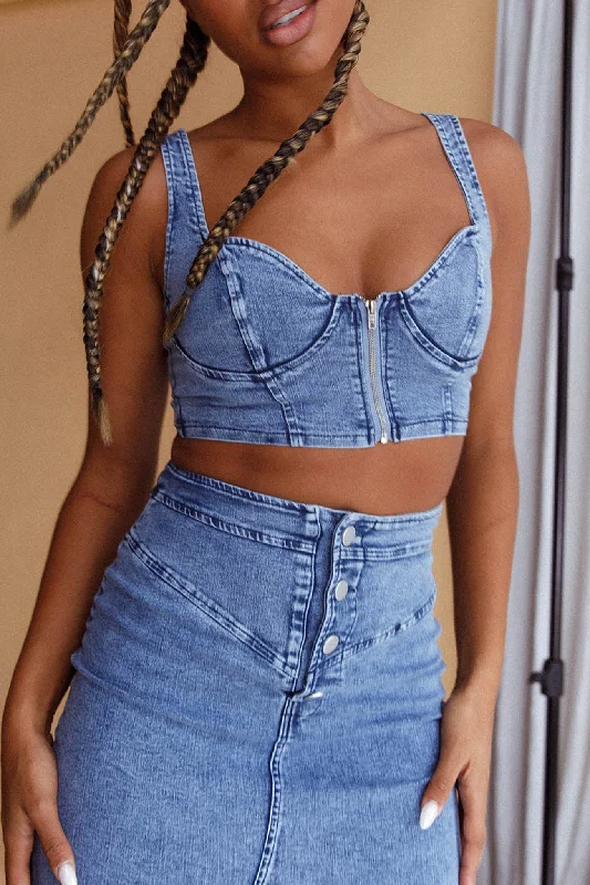 Trina Zip Front Crop Top Blue