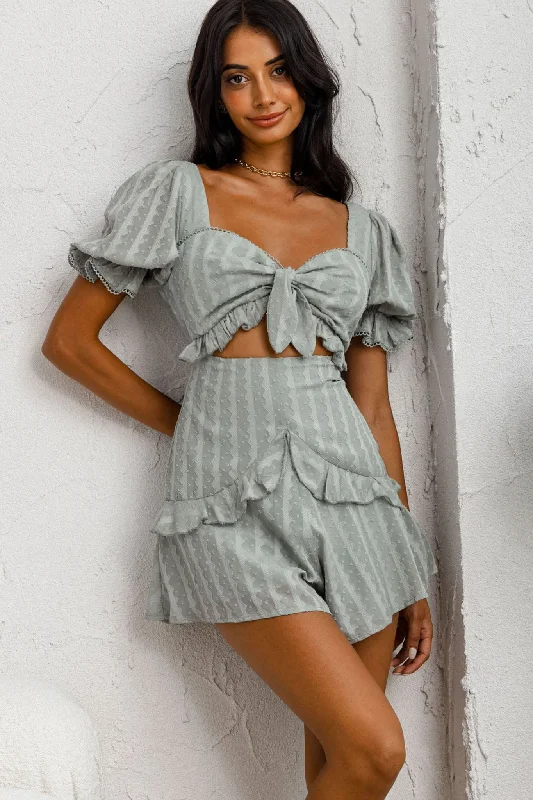 Young Love Tied Bust Frill Trim Romper Avocado