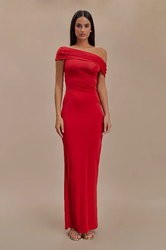 Cassandra Off Shoulder Slinky Maxi Dress - Red