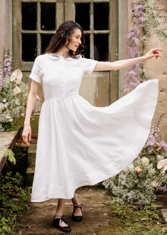 Classic Dress with Embroidered Meadow Collar, Short Sleeve