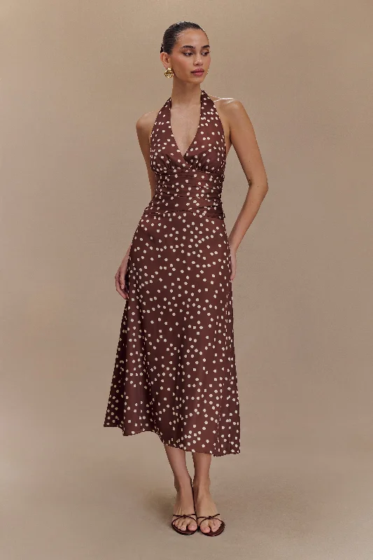 Marguerite Satin Halter Midi Dress - Brown Polka Dot Print