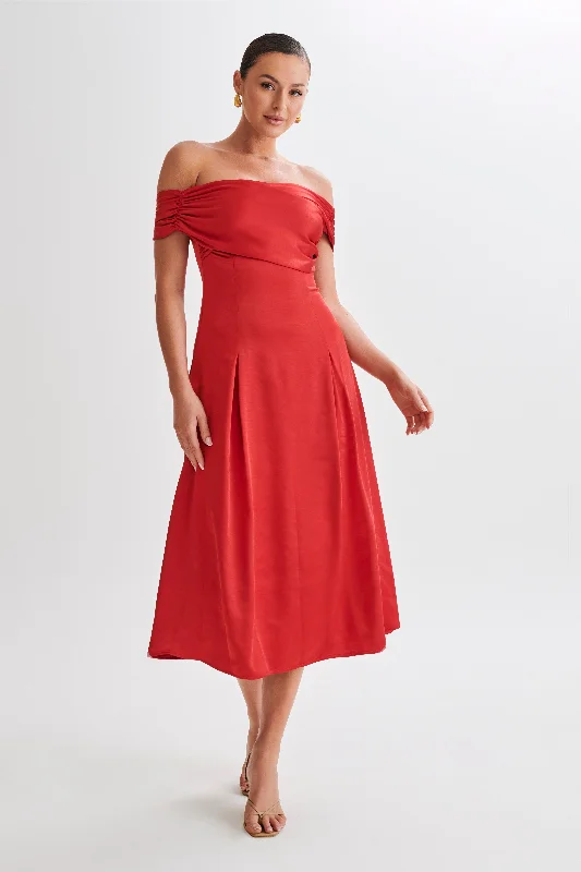 Sofie Off Shoulder Midi Dress - Red