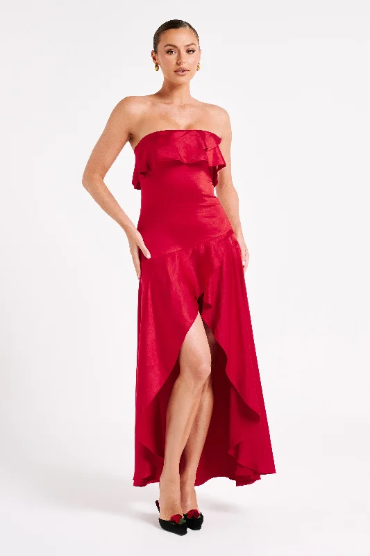 Sulianna Strapless Ruffle Midi Dress - Vermilion Red