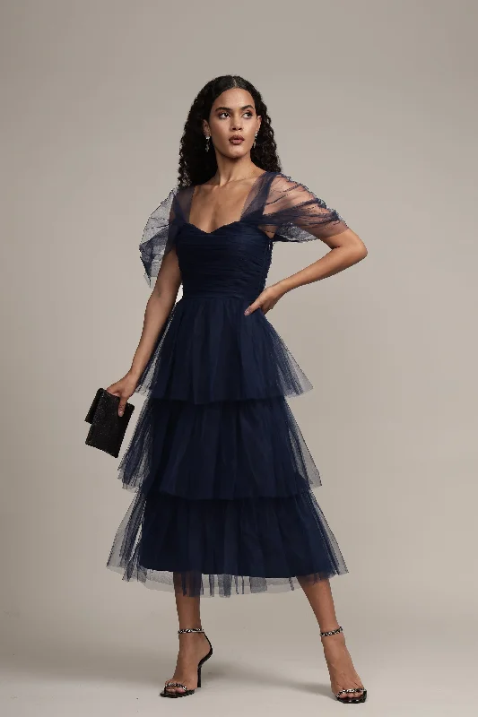 Sydney Tulle Midi Dress in Navy