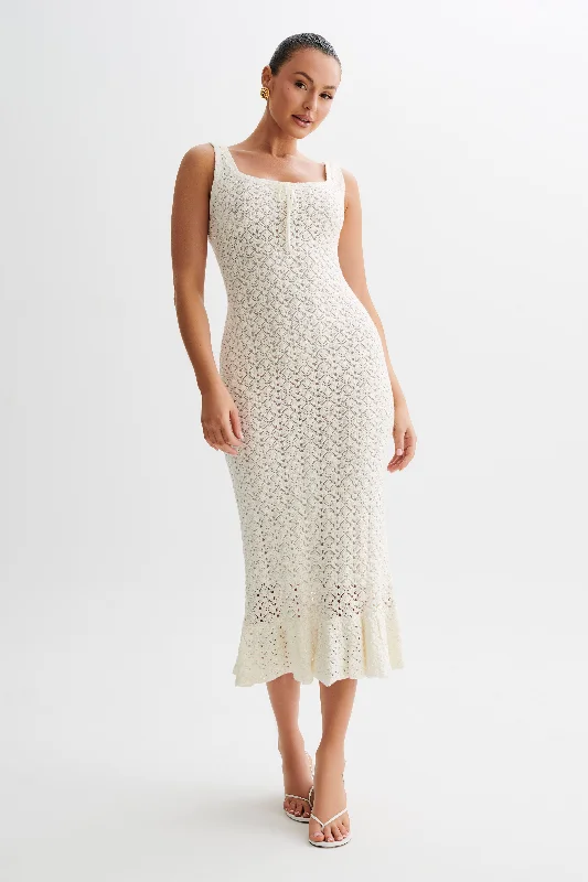 Sylvie Frill Knit Midi Dresses - Ivory