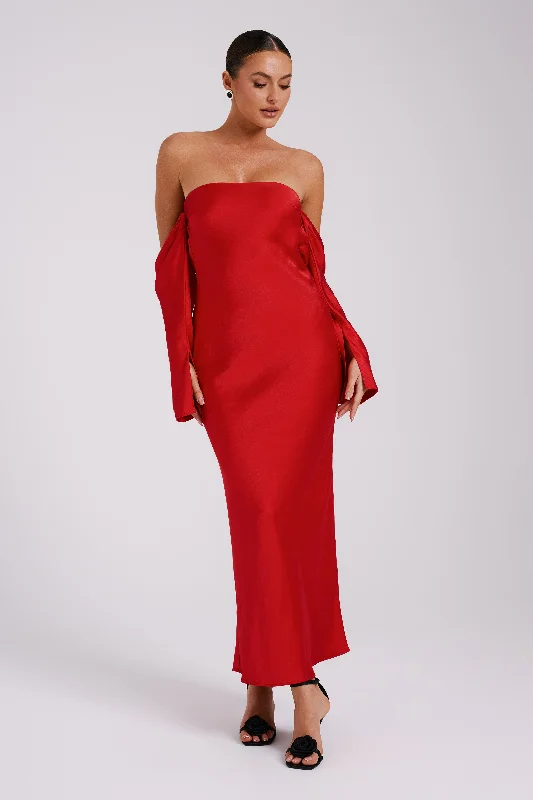 Vee Off Shoulder Satin Midi Dress - Red