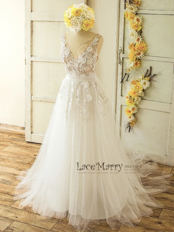 3D Lace Boho Wedding Dress with Sheer Nude Top