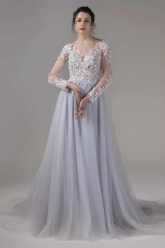 A-Line Chapel Train Lace Tulle Wedding Dress CW2809