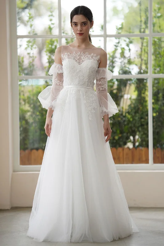 A-Line Sweep-Brush Train Lace Tulle Wedding Dress CW3309