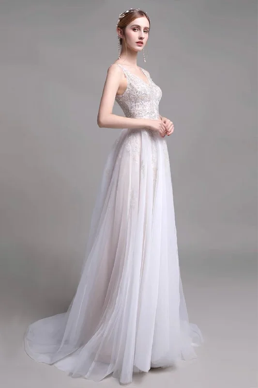 A-Line Sweep-Brush Train Lace Wedding Dress CW2957