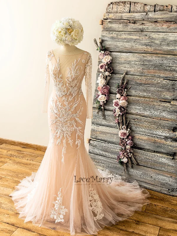 Amazing Lace Wedding Dress with Handmade Beading and Long Sleeves