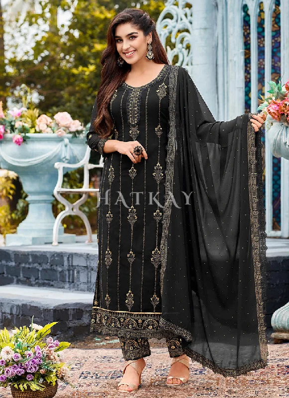 Black Embroidered Traditional Pant Style Suit